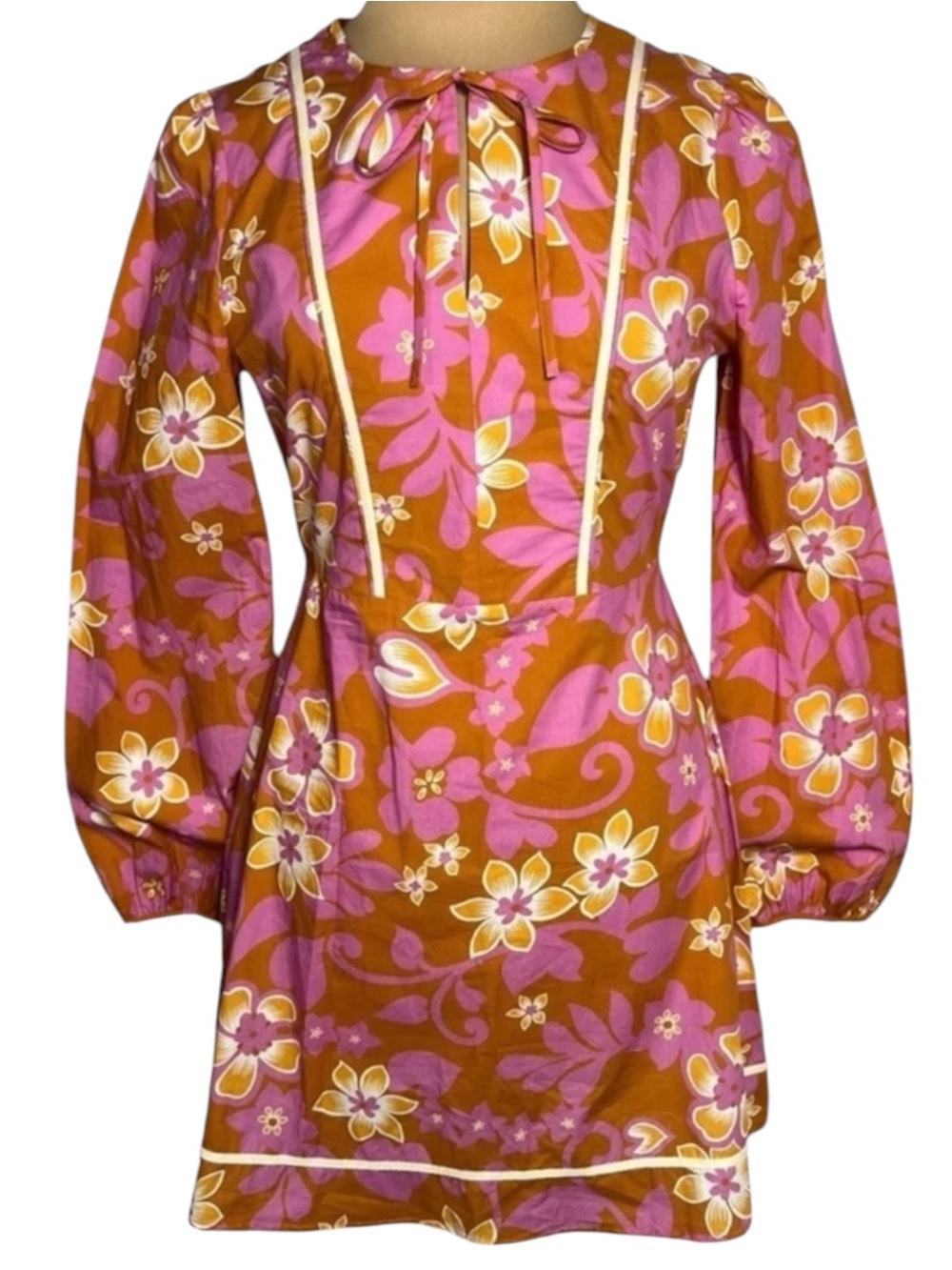 WARM Chelsea Floral Mini Dress Clay Pink Retro 60s Mod Puff Sleeve Medium M - Picture 2 of 8